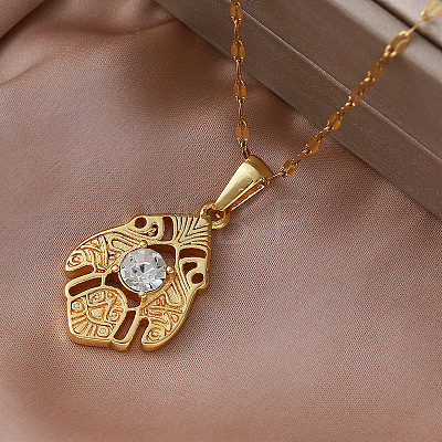 Vintage European 304 Stainless Steel Crystal Rhinestsone Geometric Leaf Pendant Necklaces for Women LI2607-1