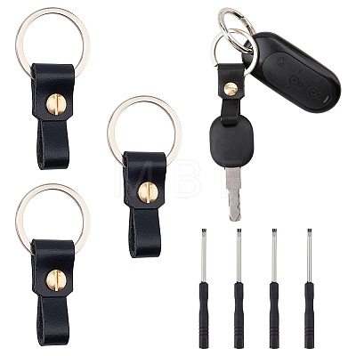 4Pcs Rectangle Cowhide & Iron Keychains FIND-FG0005-58B-1