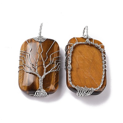 Natural Tiger Eye Copper Wire Wrapped Pendants G-H281-08P-02-1