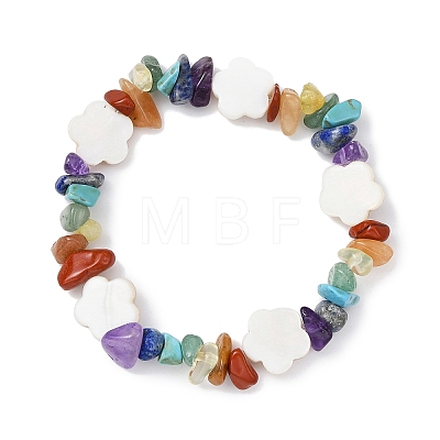 Natural & Synthetic Mixed Gemstone Chips & Shell Beaded Stretch Bracelet BJEW-JB09897-1