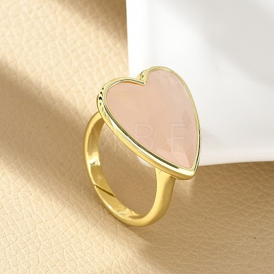 Heart Brass Natural Rose Quartz Finger Rings RJEW-D304-01G-B-1