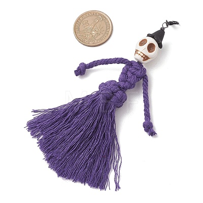 Halloween Cotton Threads Tassel & Synthetic Turquoise Skull Pendant Decorations HJEW-JM03757-02-1