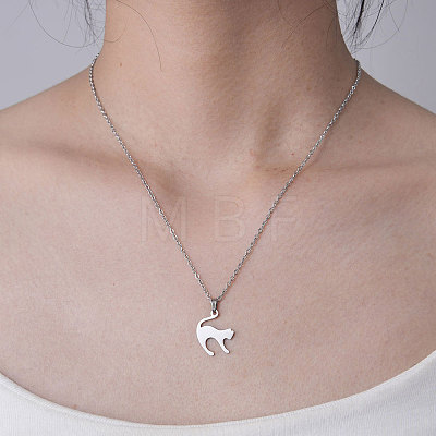 Non-Tarnish 201 Stainless Steel Cat Pendant Necklace NJEW-OY001-06-1