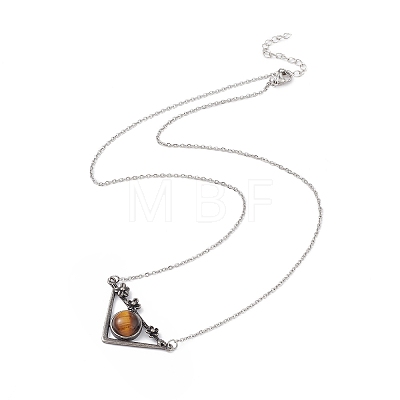 Natural Tiger Eye Triangle with Flower Pendant Necklace NJEW-P274-01AS-01-1