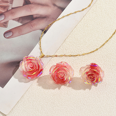 Iridescent Resin Rose Pendant Necklace & Stud Earrings Set for Women NZ6589-1
