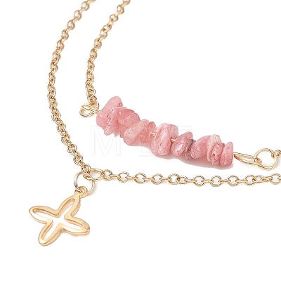 Natural Rhodochrosite Chips Beaded & Cross Charms Double Layer Multi-strand Bracelet AJEW-AN00511-06-1