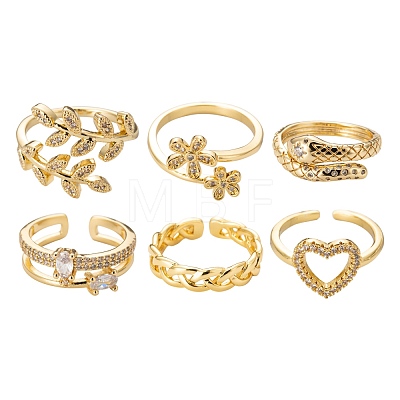 6Pcs 6 Styles Adjustable Brass Micro Pave Clear Cubic Zirconia Cuff Rings RJEW-LS0001-20G-1