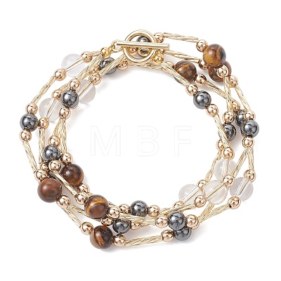 Round Synthetic Non-Magnetic Hematite & Quartz Crystal & Natural Tiger Eye and Glass Twisted Bugle Beaded Necklaces NJEW-JN05726-1