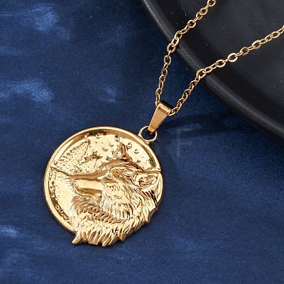 Flat Round with Wolf 304 Stainless Steel Pendant Necklaces NJEW-H059-04G-1