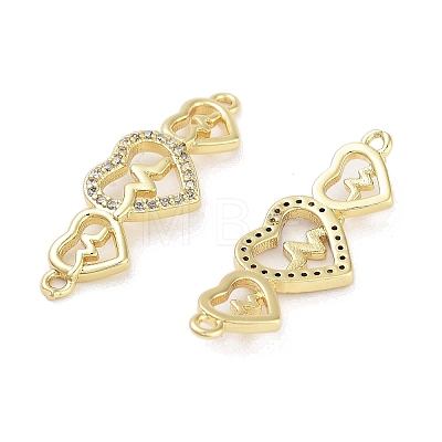 Rack Plating Brass Micro Pave Clear Cubic Zirconia Triple Heart Connector KK-Z064-32G-1