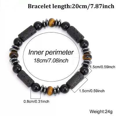 European Synthetic Non-magnetic Hematite & Natural Obsidian & Lava Rock & Tiger Eye Beaded Stretch Bracelets for Men XR3727-3-1