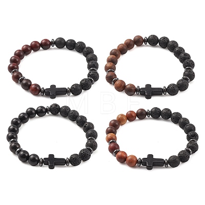 Natural & Synthetic Mixed Gemstone & Wood Cross Beaded Stretch Bracelet BJEW-JB09623-1