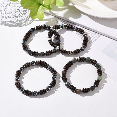 4Pcs Natural Crackle Agate & Indian Agate & Natural Agate & Synthetic Hematite and Coconut Beads Stretch Bracelets Set for Women Men BJEW-JB08937-1