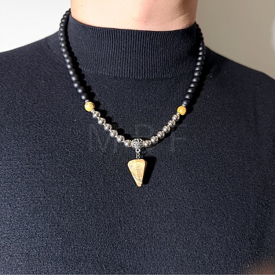 European 8mm Black Glass Beaded Natural Picture Jasper Pyramid Pendant Necklaces with Alloy OT Clasps for Men WW6368-2-1
