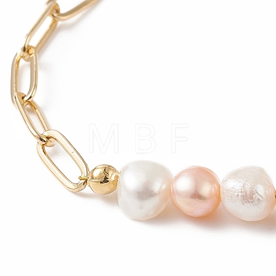 2Pcs 2 Color Natural Pearl Beaded Link Bracelets Set with Brass Paperclip Chains for Women BJEW-JB08777-1