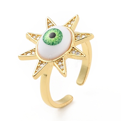 Cubic Zirconia Sun with Evil Eye Open Cuff Ring with Acrylic RJEW-B042-09G-04-1