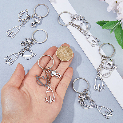12Pcs Alloy & 304 Stainless Steel Robot & Rocket & Planet Keychains KEYC-FH00100-1