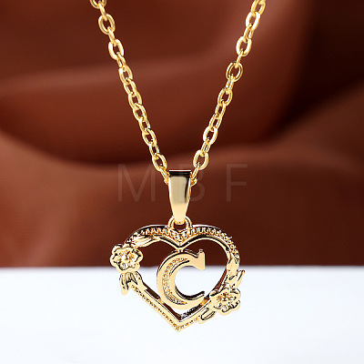 Brass Rose Flower Heart with Letter Pendant Cable Chain Necklaces FS-WG42461-03-1