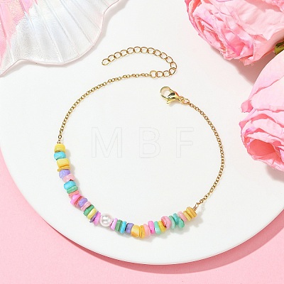 Natural Dyed Freshwater Shell Nuggets Beaded 304 Stainless Steel Cable Chain Anklets for Women AJEW-AN00827-03-1