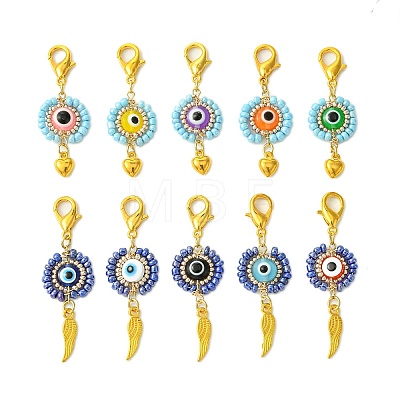 10Pcs Flat Round Evil Eye Resin with Glass Seed Pendant Decorations HJEW-MZ00095-1