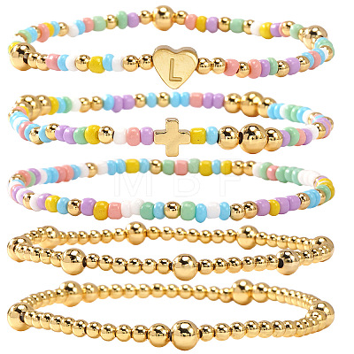 Summer Stainless Steel Heart Alphabet Colorful Glass Seed Beaded Stretch Bracelet Sets JV8929-12-1