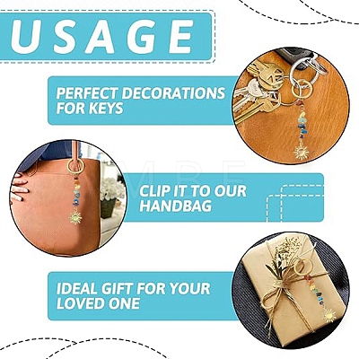 8Pcs 4 Styles Alloy Cat Eye Sun Pendant with Gemstone Chip Keychains KEYC-YW00252-1