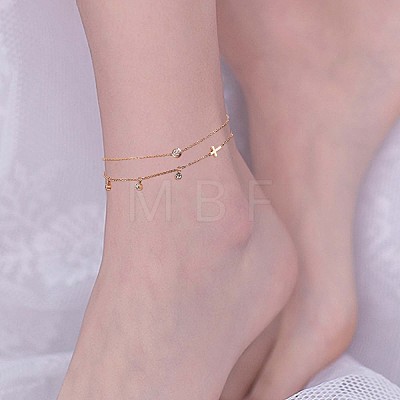 2Pcs 2 Style Flat Round Cubic Zirconia Charm Anklet with Cross JA195A-1