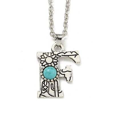 Letter A~Z Antique Silver Plated Alloy with Synthetic Turquoise Pendant Necklaces NJEW-G080-01F-1