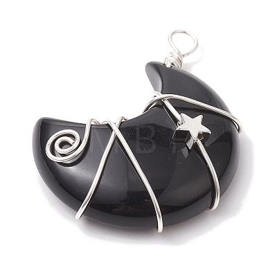 Natural Obsidian Copper Wire Wrapped Pendants PALLOY-JF02686-02-1