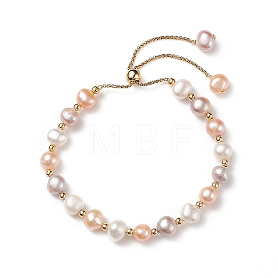 Dyed Natural Pearl & Brass Round Beaded Slider Bracelet BJEW-JB09008-02-1