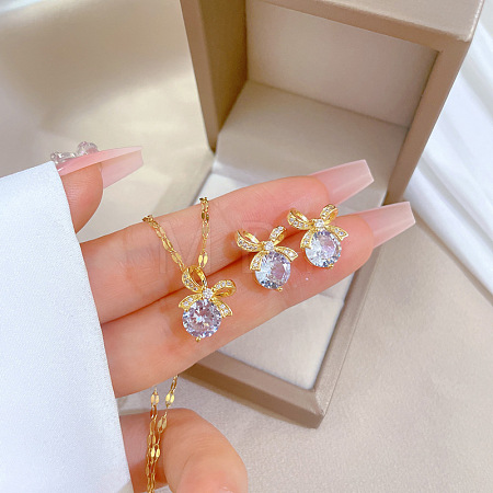 Brass Micro Pave Cubic Zirconia Pendant Necklace & Stud Earrings WG7AC39-12-1