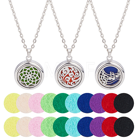 3Pcs 3 Styles Stainless Steel Hollow Essential Oil Diffuser Locket Pendant Necklaces NJEW-HS0001-26A-1