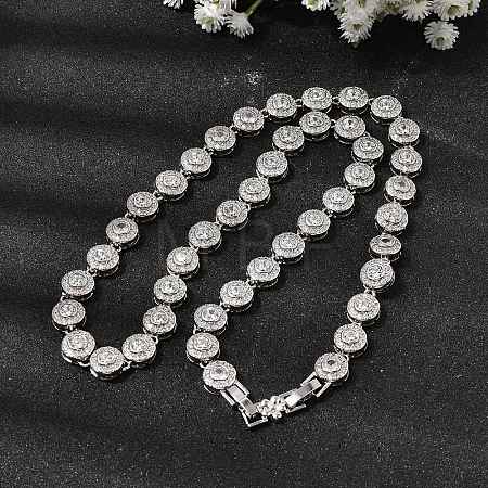 Brass Micro Pave Clear Cubic Zirconia Flat Round Link Chain Necklaces for Women NJEW-B157-18P-1