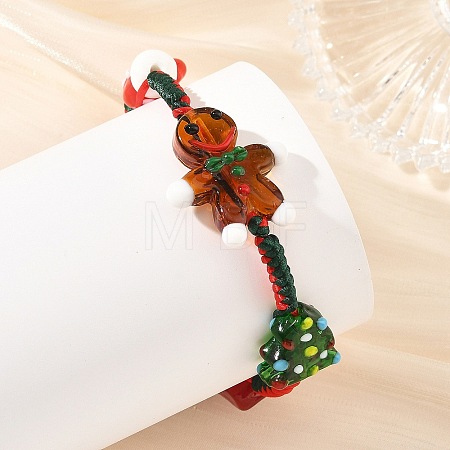 Adjustable Handmade Lampwork Christmas Tree Gift Box Gingerbread Man Braided Bead Bracelets for Women BJEW-TA00753-1