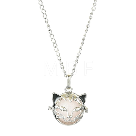 Natural Rose Quartz with Brass Cat Head Pendant Necklaces NJEW-JN04995-1