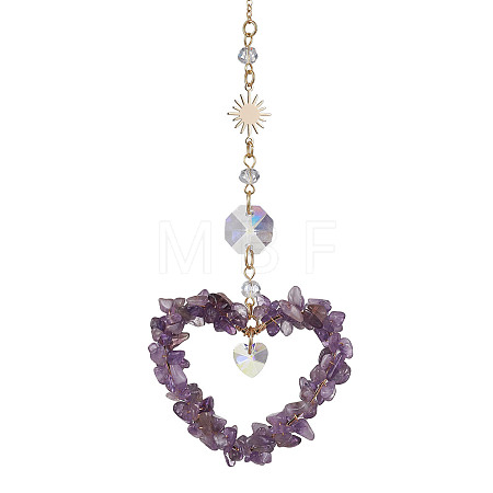 Heart Natural Amethyst Chip Pendant Drcorations HJEW-JM01651-01-1
