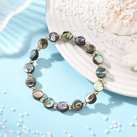 Natural Abalone Shell/Paua Shell Coin Beaded Stretch Bracelets with Round Brass Beads for Women BJEW-JB14169-1