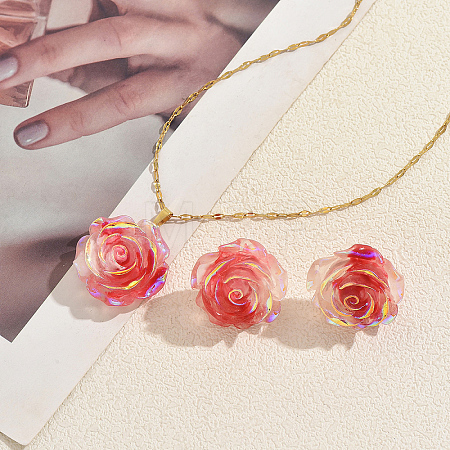 Iridescent Resin Rose Pendant Necklace & Stud Earrings Set for Women NZ6589-1