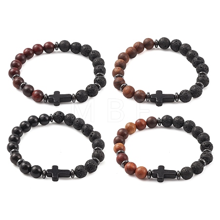 Natural & Synthetic Mixed Gemstone & Wood Cross Beaded Stretch Bracelet BJEW-JB09623-1