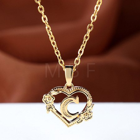 Brass Rose Flower Heart with Letter Pendant Cable Chain Necklaces FS-WG42461-03-1