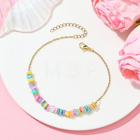 Natural Dyed Freshwater Shell Nuggets Beaded 304 Stainless Steel Cable Chain Anklets for Women AJEW-AN00827-03-1