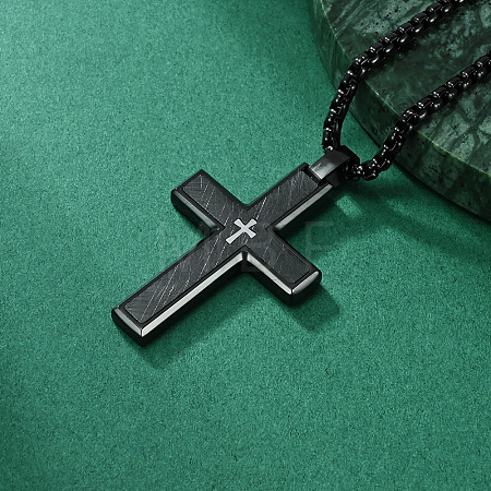 304 Stainless Steel with Wood Religion Cross Pendant Box Chain Necklaces for Men FS-WGA9A37-02-1