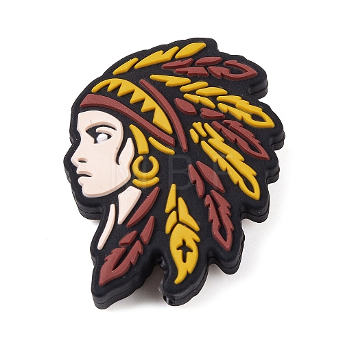Food Grade Eco-Friendly Native American Red Indian Chief Head with Feathers Silicone Focal Beads SIL-K005-04C-1