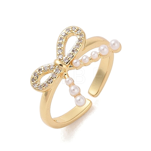 Bowknot Brass Micro Pave Clear Cubic Zirconia Open Cuff Rings for Women RJEW-S417-05G-1