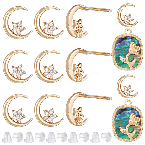 10Pcs Brass Micro Pave Cubic Clear Zirconia Moon & Star Stud Earring Findings KK-BC0011-05-1