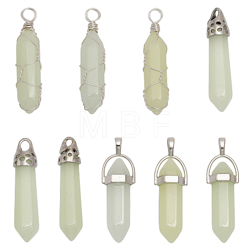 9Pcs 9 Styles Synthetic Luminous Stone Double Terminal Pointed Pendants G-CA0001-72-1