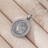 Brass Micro Pave Clear Cubic Zirconia Flat Round Sacred Heart of Jesus Pendant Paperclip Chain Necklaces for Women WG5017F-02-1