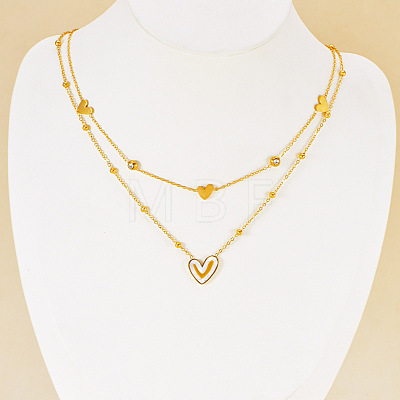 304 Stainless Steel Pave Clear and Black Cubic Zirconia & Natural White Shell Heart Pendant Double Layer Necklaces for Women FS-WGCE9B1-01-1