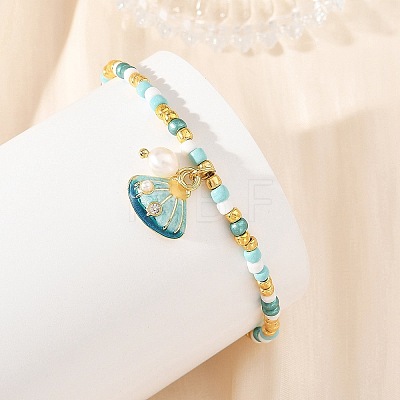 Ocean Natural Pearl and Alloy Crystal Rhinestone Enamel Shell Shape Charm Bracelets BJEW-JB14256-1