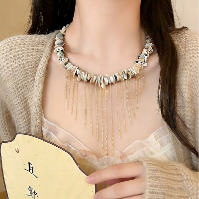 Natural Shell Chip Beaded Alloy Chain Tassel Bib Necklaces for Women WG291D5-01-1